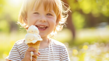 A young child with red hair smiles widely while enjoying a melting ice cream cone in a park.