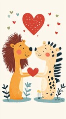 A loving lion and giraffe share a beautiful heart