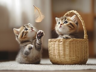 Adorable Fluffy Kittens in a Cozy Basket – Playful Moment with a Floating Feather