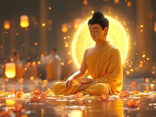 Radiant Buddha in Deep Meditation Amidst a Glowing Aura