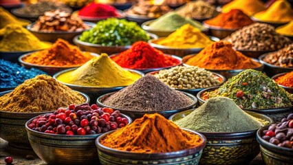 Fototapeta premium A vibrant tapestry of spices, curries, and salts fills the market; a high-angle close-up reveals its colorful bounty.