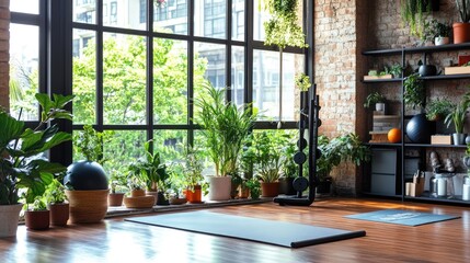 Serene Indoor Gym Space with Natural Light and Green Plants