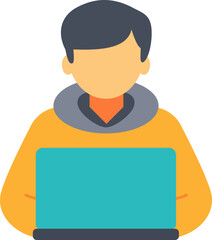 Young person in casual hoodie working on laptop, representing remote work, freelancing, online learning concepts. Flat vector illustration