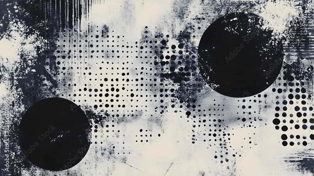Aufkleber Vibrant Monochrome Geometric Shapes and Patterns Abstract Digital Art Composition with Intersecting Circles Dots and Splatter Effects Creating a Futuristic Technological