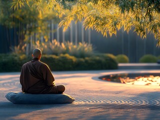 Sacred Stillness, A Buddhist Monk Meditating in a Tranquil Zen Garden