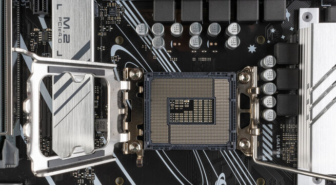 Maykop, Russia - February 18, 2025: open socket for Intel processors on the ASUS motherboard close-up top view