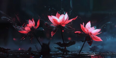 Elegant Lotus Blossoms with Robotic Elements in Dark Background