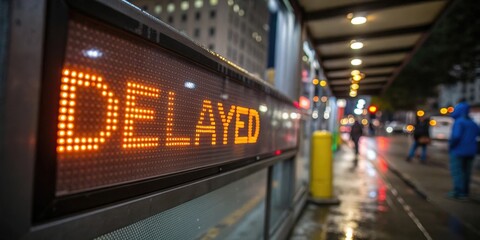 The image shows a digital sign displaying the word "DELAYED," indicating a transport delay, with a rainy urban backdrop.