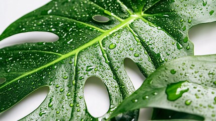 Monstera Leaf Raindrops: A close-up view showcases a vibrant green monstera leaf glistening with water droplets.