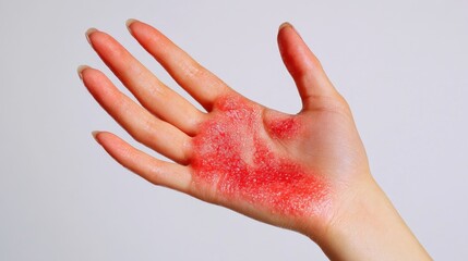 A close-up of a woman's hand with red spots on it, possibly indicating an issue such as an allergic reaction or circulation problem.