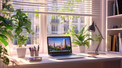 Modern Workspace with Laptop and Indoor Plants by Sunlit Window