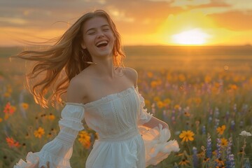 Vibrant Portrait of a Joyful Young Woman Dancing and Flipping Her Hair in a Studio