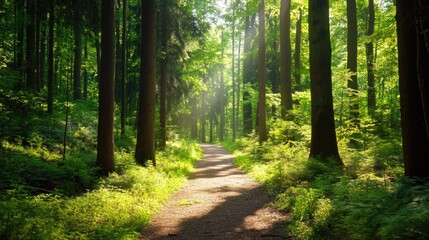 Obraz premium Serene Sunlit Path Through Lush Green Forest in Tranquil Nature Setting