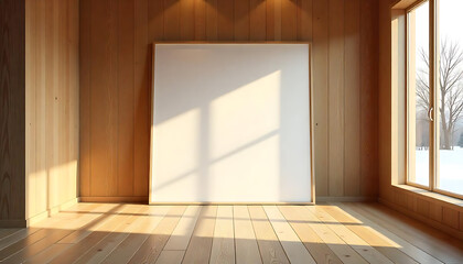 Obraz premium blank 3D canvas in a curved room with walls of light birch wood, mockup of billboard, advertisement, product presentation, commercial, e-commerce product ads, banner, created with generative ai
