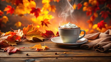 Warm Autumnal Beverage with Whipped Cream on Rustic Wooden Table