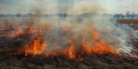 Fototapeta premium Wildfires engulf field, with smoke drifting into the atmosphere. Environmental concern over agricultural burn practices.