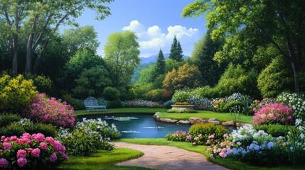 Fototapeta premium Serene Landscape with Vibrant Flowers and Calm Water Reflections