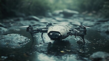 Abandoned drone sits in shallow water on a rocky stream