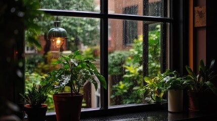 Fototapeta premium Cozy Window View with Rain and Lush Green Indoor Plants