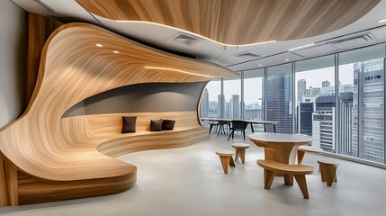 Modern Office Lounge: Architectural Photography of a Wood-Paneled Interior Space AI Generated
