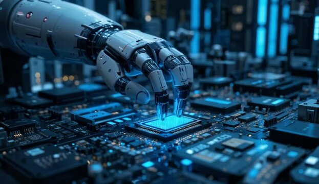  ia generated. robotic hand. robot fixing computer board