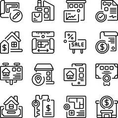 Real Estate icon set. Includes property, house, home, building, apartment, commercial property, and More. Outline icons vector collection