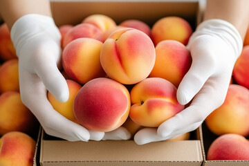Gloved hands tenderly arrange ripe peaches into cushioned boxes, highlighting the vibrant colors and textures of the fruit