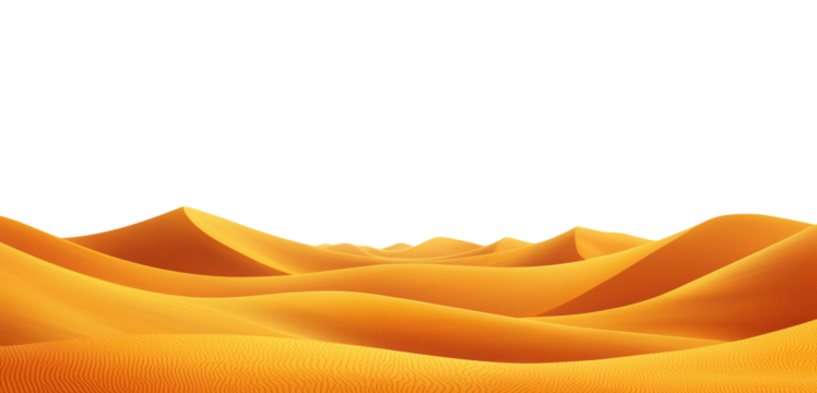 Illustration of golden sand dunes stretching across a vast desert with smooth, wavy patterns. The warm sunlight highlights the curves of the dunes. Isolated on transparent background, png.