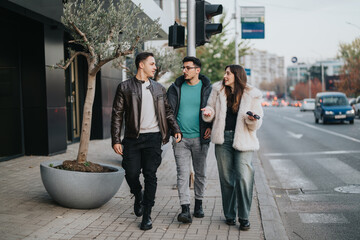 Three friends walking together on an urban street, enjoying a lively conversation in the evening.