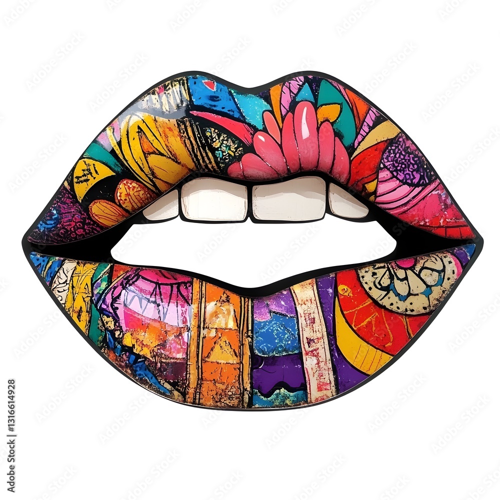 Aufkleber Visually striking abstract artwork featuring a vibrant and captivating interpretation of lips with a psychedelic surreal and creative design incorporating bold colors dynamic patterns