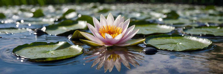 white water lily, water lily with water and massage stones, natural healing and alternative therapy