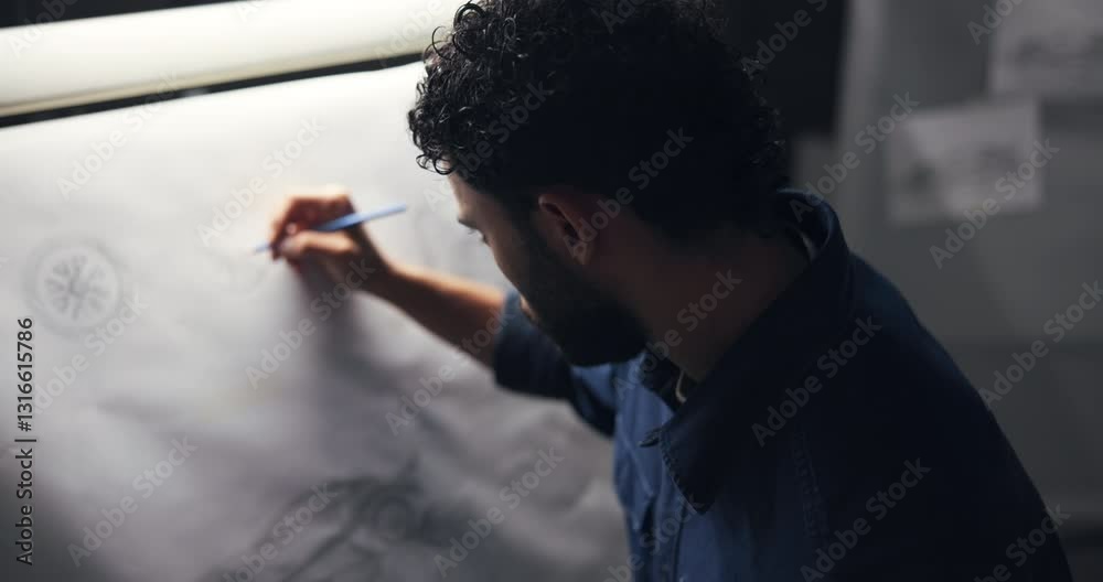 Poster man, drawing and design for car in studio, inspiration and editing process for deadline at night. pe