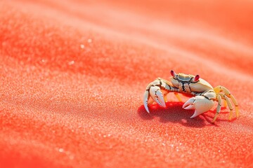A solitary crab traverses the vibrant red colored sandy surface