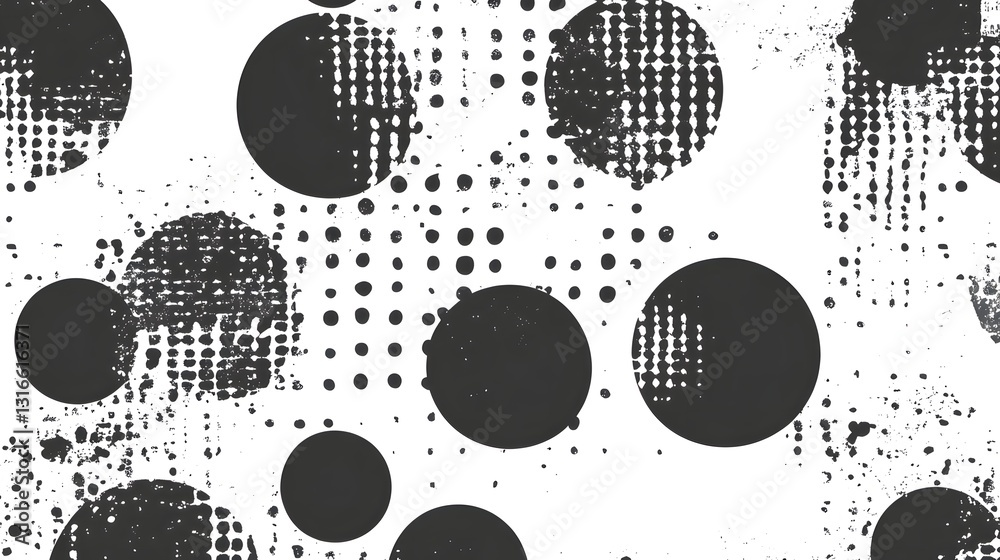 Poster Visually striking monochrome abstract pattern design featuring a repeating geometric arrangement of circular and dotted elements  This clean