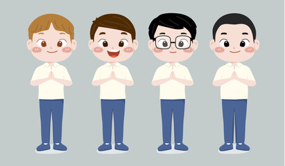 Illustration vector graphic of children in a row, row of school boys in different style, greeting with both hands, suited for school education advertisement, educational needs, friendship, greetings