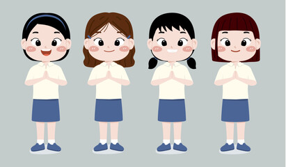 Illustration vector graphic of children in a row, row of school girls in different style, greeting with both hands, suited for school education advertisement, educational needs, friendship, greetings