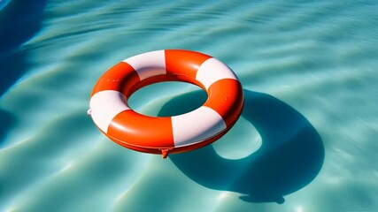Inflatable circle floating in blue swimming pool on sunny day top view. Summer vacation and hotel resort leisure concept.