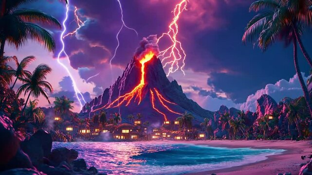 Volcanic eruption on tropical island at night, dramatic lightning. Potential use for a travel poster or fantasy movie
