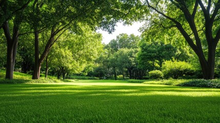 Tranquil Green Park with Lush Trees and Bright Sunlight in Nature