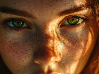A captivating close-up portrait of a young woman with freckles and green eyes, radiating warmth from the sunlight on her face. Her gaze is direct and inviting.