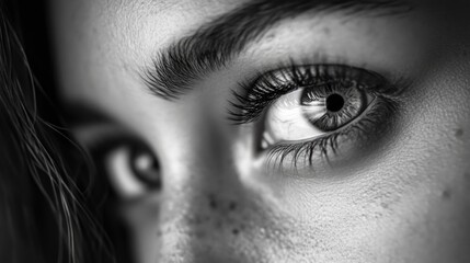 Fototapeta premium This image features a close-up portrait of a woman's face, focusing on her brown eyes and eyebrows. Her gaze is directed to the side, conveying a sense of introspection or distraction.