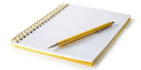 Blank Notebook, Pen, Yellow Background - Education Concept Stock Photo
