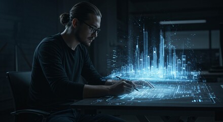 Man architect working on city model hologram at desk, innovative planning and virtual reality, futuristic design with technology for engineering project