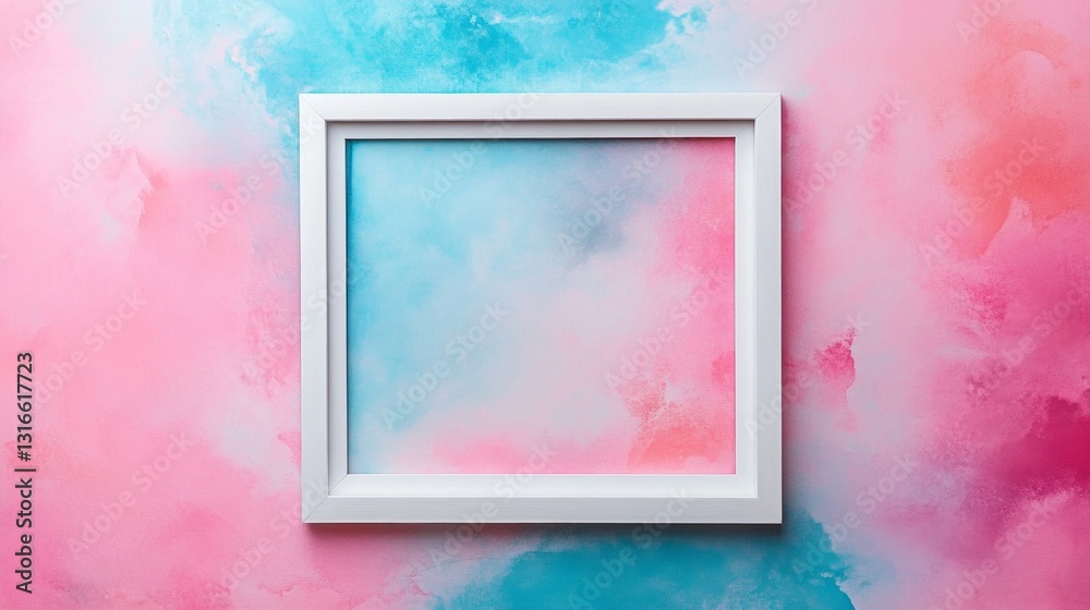 Poster a white frame stands empty against a stunning backdrop of soft pink and blue watercolor, inviting cr