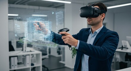 Man using augmented reality in architecture, businessman viewing a building model with vr glasses for construction blueprint and data analysis, future innovative technology