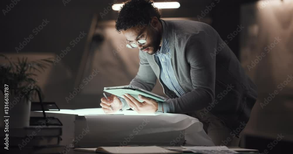 Poster night, designer or man with tablet for sketch, drawing or editing skills in artistic office or overt