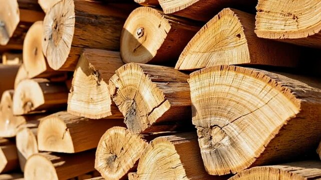 footage of large pile of chooped wood pieces piled neatly onto one eachother warm dark typical brown wood color stacked wood is ready and dried for use in fireplace at colder winter months 4k quality