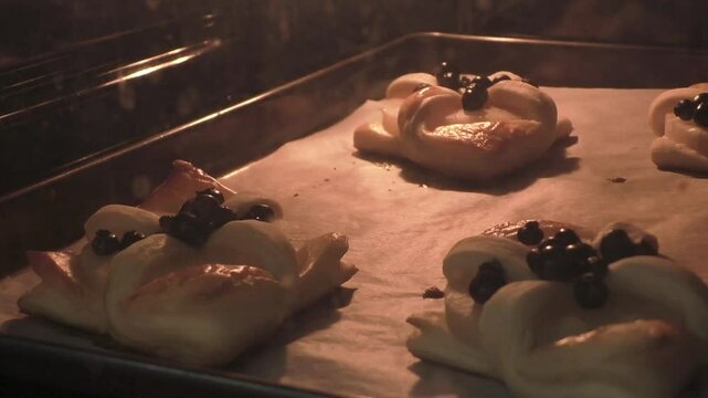 Puff pastry with pineapple and blueberry. Food concept. Dessert. Baking in the oven. Time Lapse