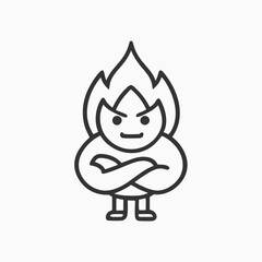 Fototapeta premium Muscular fire flame cartoon character with arms crossed. Cute Fire Character Design Illustration 