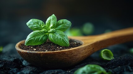 A fresh basil plant is shown in a wooden spoon, surrounded by dark soil, highlighting its vibrant green leaves in a natural setting.